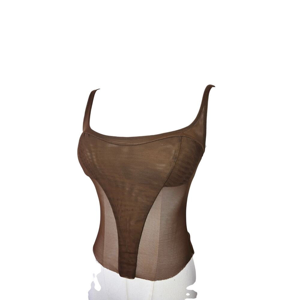 KATHRYN BOWEN Brown Mesh Raw-Hem Crop Top